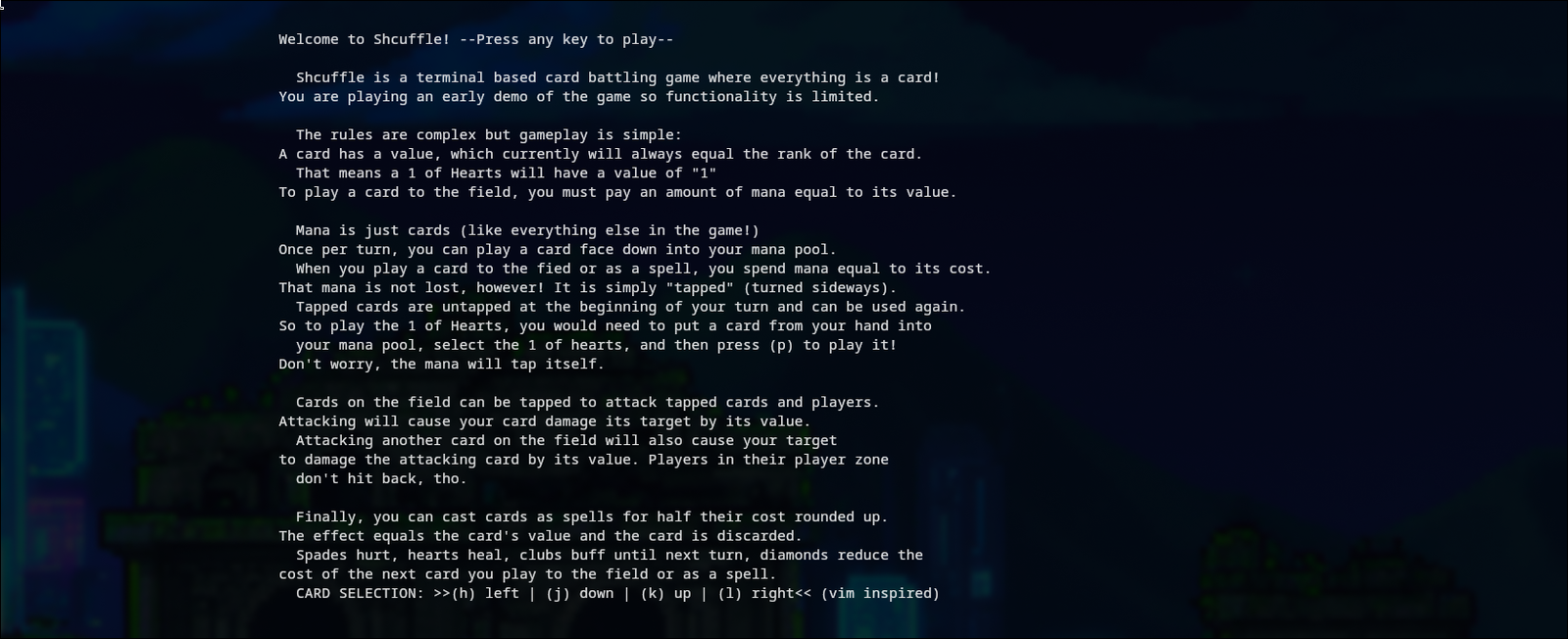 Welcome to Shcuffle! The picture includes a large block of text detailing the rules to the card battler as a screenshot of its tool tips